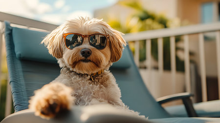 A stylish dog enjoys a sunny day in the backyard exuding coolness with fashionable sunglasses.の素材