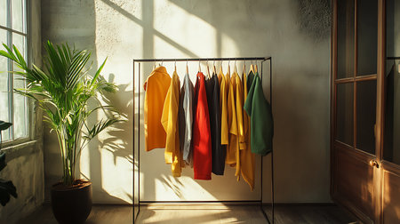 A vibrant arrangement of casual clothing pieces showcased in a sunlit studio.の素材