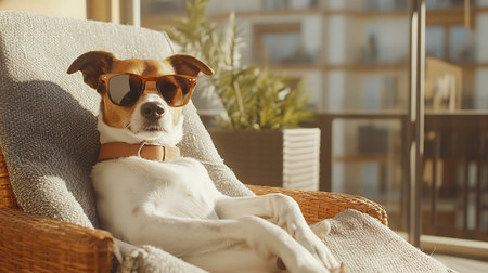 A cool dog lounges in sunglasses on a balcony enjoying the sunny day.の素材