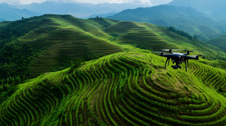 A drone showcases lush rice terraces in a tranquil mountain landscape highlighting nature's beauty.の素材
