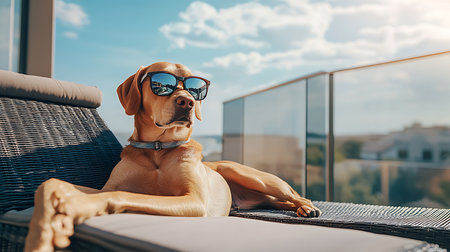 A stylish dog enjoys a sunny day on a balcony showcasing a tranquil outdoor lifestyle.の素材