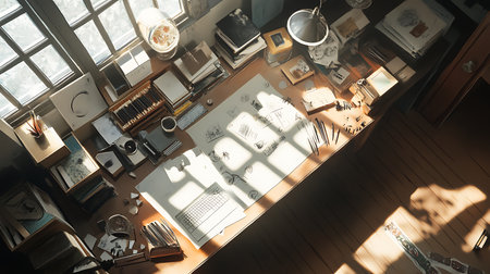 A well-organized home office setup showcasing creativity and productivity in a sunlit environment.の素材