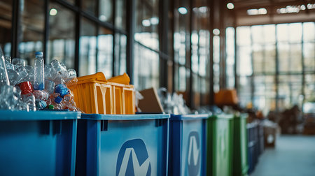 A detailed look at recycling bins filled with plastic waste in an urban setting.の素材