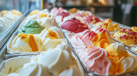 Explore the vibrant and colorful world of gelato flavors in a bustling ice cream shop.の素材
