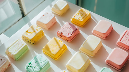 Experience a vibrant display of colorful ice cream bars showcasing diverse flavors in a chic artistic setting.の素材