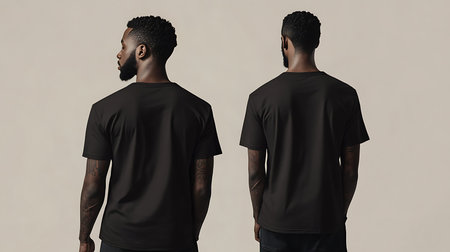 A stylish black t-shirt is modeled from the back highlighting its minimalist design and trendy appeal.の素材