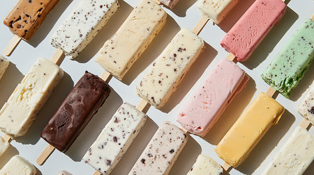 A vibrant assortment of ice cream bars arranged beautifully perfect for summer enjoyment.の素材