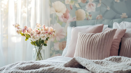 A beautifully styled bedroom with floral decor and cozy elements promoting comfort and tranquility.の素材