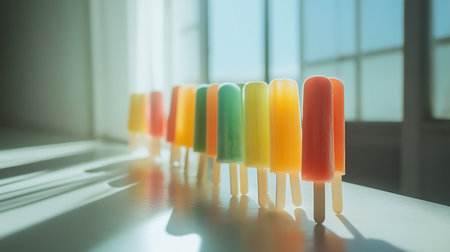 A vibrant row of popsicles basking in sunlight capturing the essence of summer enjoyment.の素材