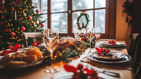 A beautifully set table for a festive holiday dinner illuminated by soft lights and surrounded by winter charm.の素材