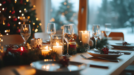 A beautifully set table adorned with candles and decorations perfect for a cozy winter celebration.の素材