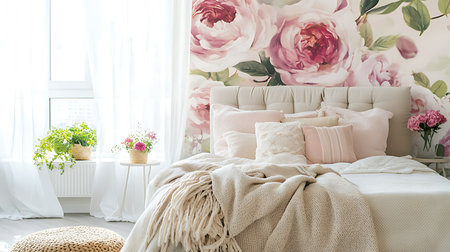 A serene bedroom with floral wallpaper and cozy decor creates a tranquil atmosphere.の素材