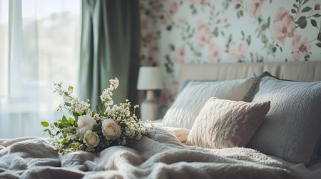 A beautiful floral display rests on a plush bed enhancing the serene ambiance of a modern bedroom.の素材