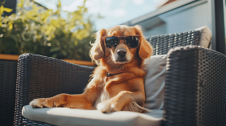 A stylish dog enjoys a sunny day on the patio showcasing a relaxed and playful vibe.の素材