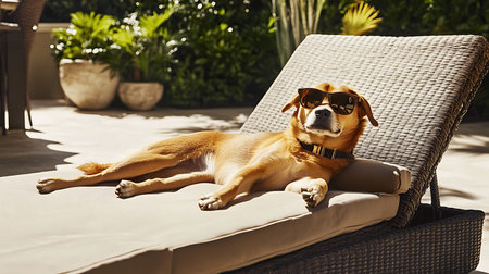 A happy dog enjoys a sunny day lounging comfortably showcasing a relaxed and playful spirit.の素材