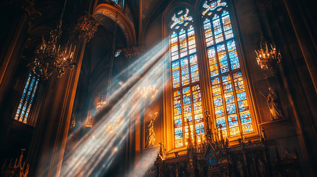 A breathtaking view of stained glass windows casting colorful light in a historic cathedral.の素材