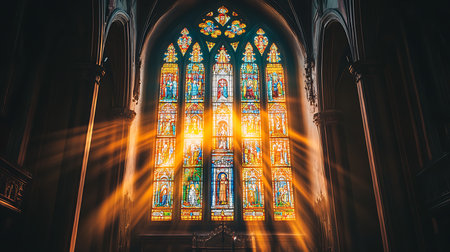 A breathtaking stained glass window bathes the church in colorful light showcasing intricate designs.の素材