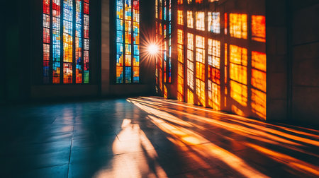 Light dances through stained glass casting colorful shadows in a tranquil church interior.の素材