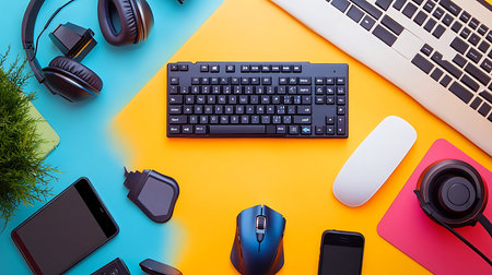 Explore vital tech gear and accessories arranged on a colorful workspace enhancing productivity.の素材