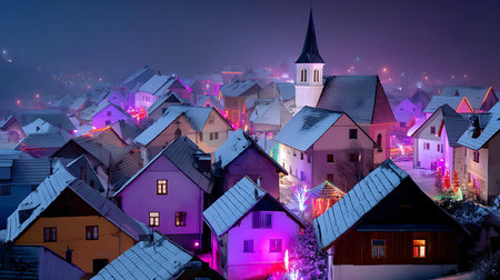 A picturesque village adorned with vibrant holiday lights creating a magical winter atmosphere.の素材
