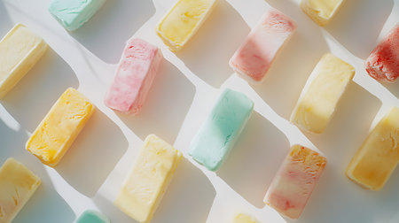 A vibrant assortment of ice cream bars displayed in a sunlit kitchen perfect for summer enjoyment.の素材