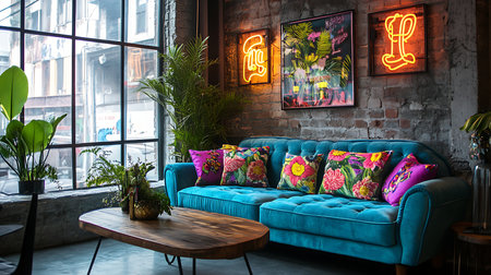 A cozy living room featuring a blue couch floral pillows and neon lights perfect for relaxation.の素材