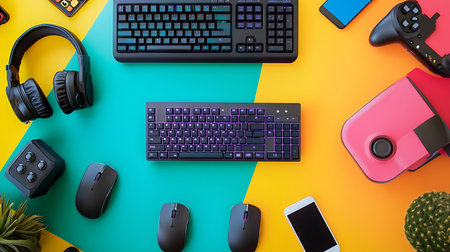 Explore the vibrant arrangement of gaming and office tech accessories in a colorful home setup.の素材
