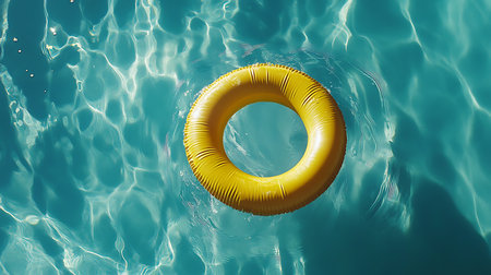A vibrant yellow lifebuoy rests on the sparkling blue water inviting summer play and safety.の素材