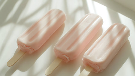 Indulge in delightful pink ice cream bars perfect for summer enjoyment in a cheerful kitchen.の素材