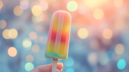 A vibrant popsicle held in hand radiating summer joy with soft bokeh lights in the background.の素材