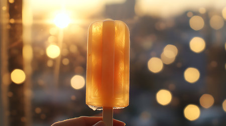 A vibrant popsicle glows in the sunset epitomizing summer's sweetness and urban bliss.の素材