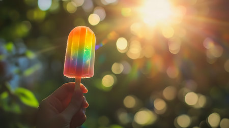 A vibrant rainbow ice pop in hand basking in warm sunlight evokes summer joy and refreshment.の素材