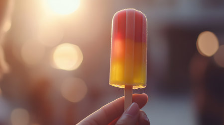 A vibrant popsicle held against a beautiful sunset capturing a moment of joy and relaxation.の素材