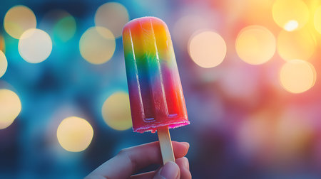 A vibrant rainbow-colored popsicle held against a dreamy bokeh background captures the essence of summer joy.の素材