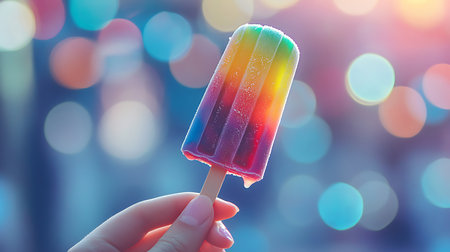 A delightful scene featuring a vibrant rainbow ice pop held with joy during a sunny outdoor celebration.の素材