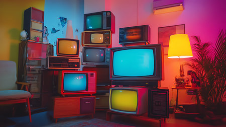 Explore a vibrant display of retro televisions in a cozy living room setting.の素材