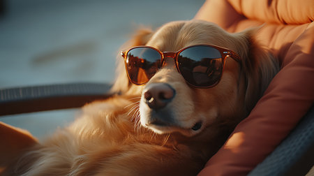 A cheerful dog lounges in the sun wearing stylish sunglasses embodying the essence of a carefree summer day.の素材