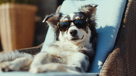 A stylish dog enjoys a sunny day exuding relaxation and happiness in its backyard lounge.の素材