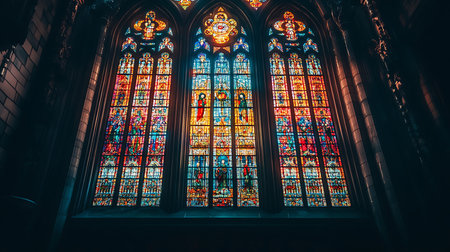 Explore the vibrant colors and detailed designs of stained glass windows in a historic cathedral.の素材
