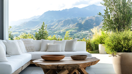 A serene outdoor lounge showcases cozy seating with stunning mountain views perfect for relaxation.の素材