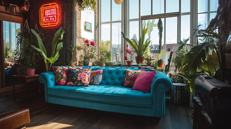 A stylish retro living room featuring vibrant decor and lush plants creating a cozy urban oasis.の素材