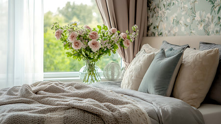 A serene bedroom setting featuring a cozy bed adorned with pillows and a vase of fresh flowers.の素材