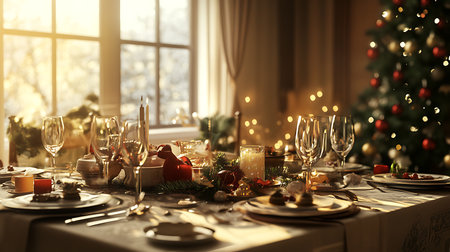 A beautifully set dinner table adorned for a festive family celebration radiating warmth and joy.の素材