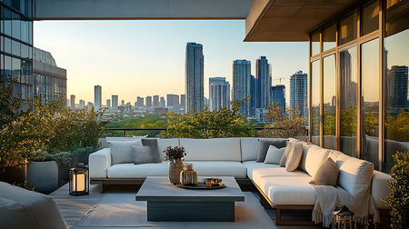 A stylish outdoor lounge offers a perfect urban retreat to enjoy stunning city skyline views at sunset.の素材