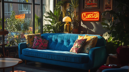 A stylish living room featuring a blue couch vibrant cushions and a cozy ambiance.の素材