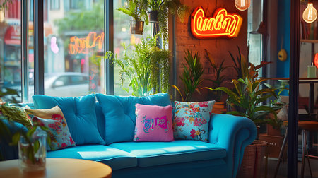 Discover a lively lounge where lush greenery and bright decor create a warm inviting atmosphere.の素材