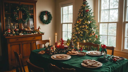 A warm Christmas setting featuring a beautifully decorated tree and delicious cookies.の素材