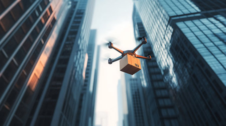 A drone delivers packages in a busy city highlighting advancements in delivery methods.の素材