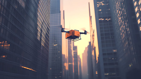A drone navigates through a modern city skyline showcasing the future of delivery services.の素材