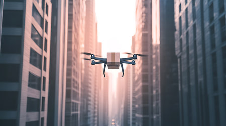 A drone navigates through skyscrapers showcasing the future of delivery in an urban setting.の素材